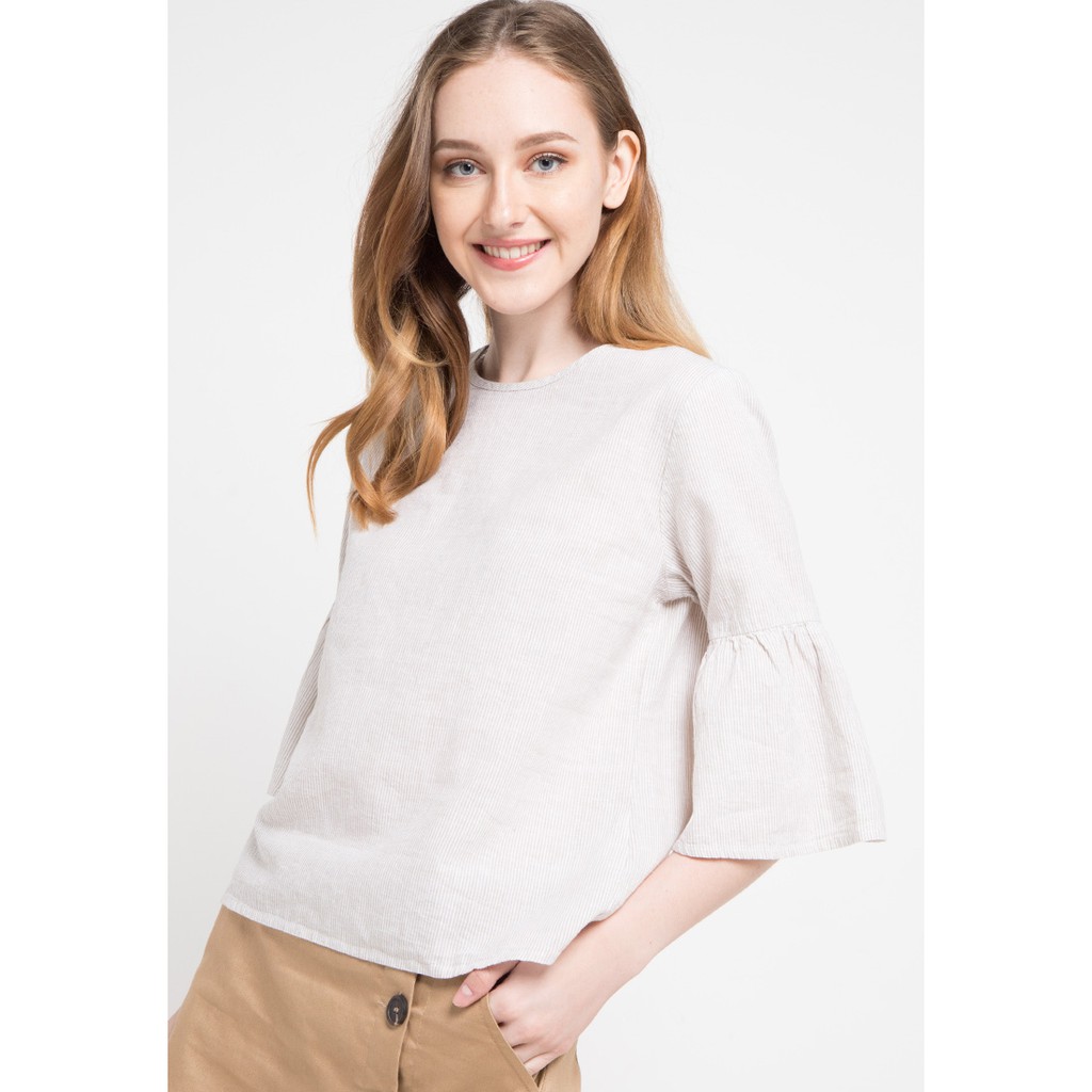 Giordano Linen Blouse - Blus Wanita Lengan 3/4 - Khaki
