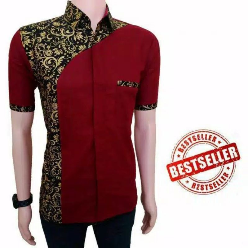 BAJU KOKO PRIA KOMBINASI BATIK LENGAN TANGAN PENDEK WARNA MERAH MAROON MARUN GOLD LEBARAN