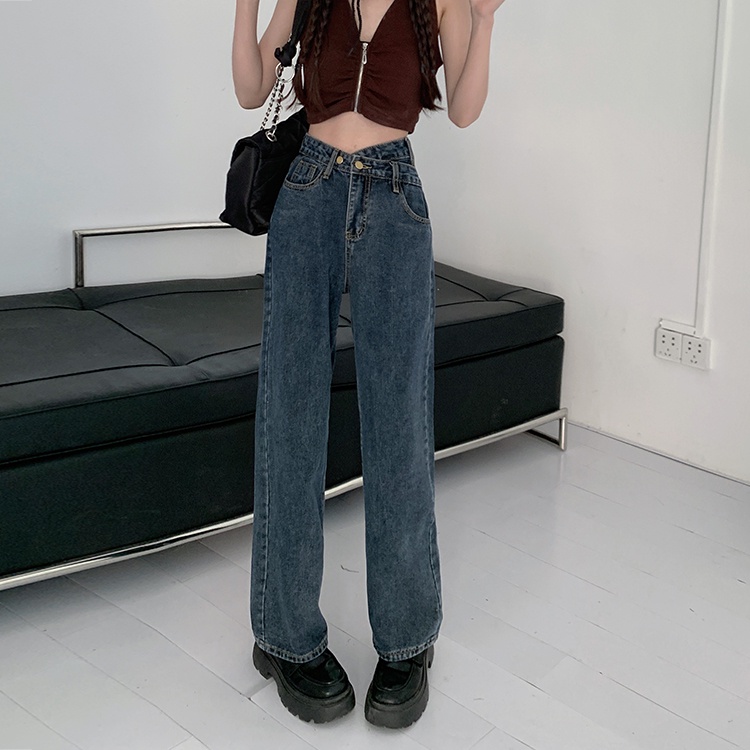 celana jeans wanita terbaru /high-waist straight-leg wide-leg jeans celana highwaist wanita/high-waist hamparan luas leg denim kasual berkobar celana wanita Korea/Celana jins pinggang tinggi korean style kasual celana lurus longgar