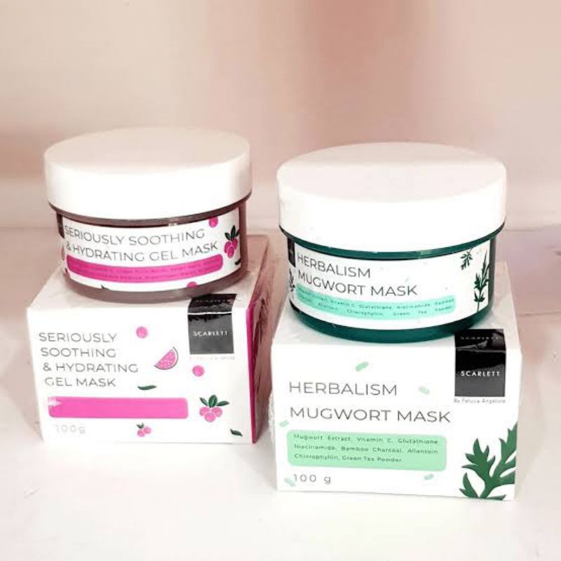 Herbalism Mugwort Mask dan Seriously Soothing & Hydrating Gel Mask Scarlet 100 gr Masker Scarlet Whi