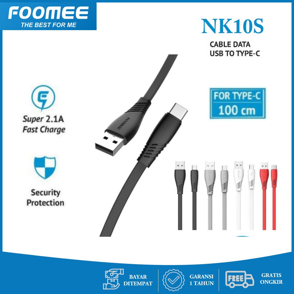 Kabel Data Cable Charger Type C Toples Foomee NK10s Casan 2.4A Fast Charging 100 cm 40 pcs Casan