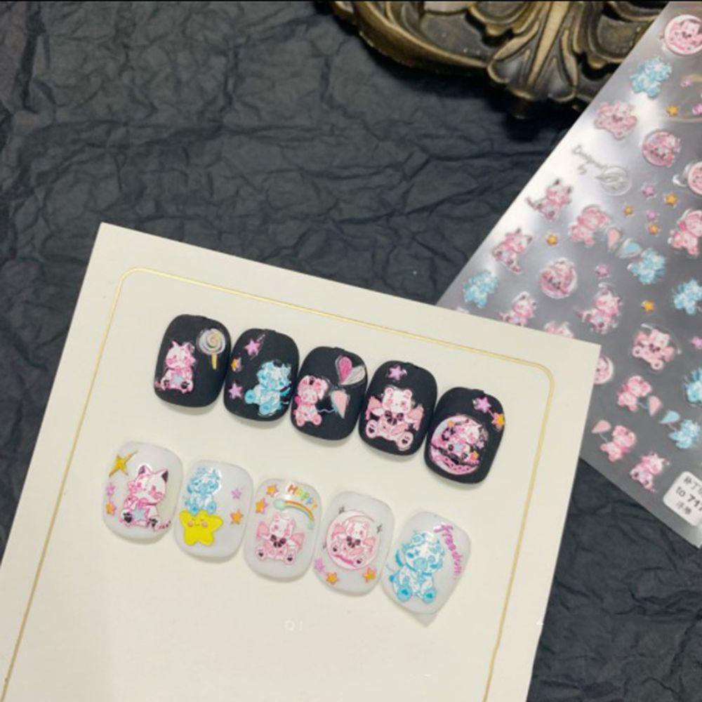 AUGUSTINA Agustina Nail Art Stiker Kawaii 5D Decal Pink Bunny Perekat Relief DIY Aksesoris Kuku