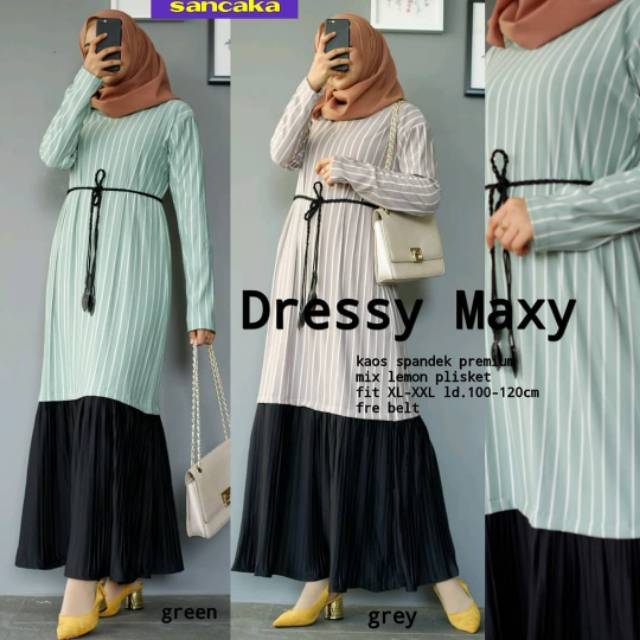 Dressy Maxy, maxi dress, dress muslim, long dress, motif garis, dress jumbo, dress casual, Hijabers