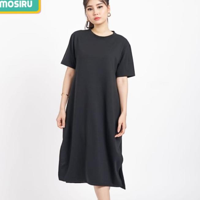 ♧ MOSIRU Dress Kaos Polos Jumbo Wanita Lengan Pendek Baby Terry - Hitam ❁