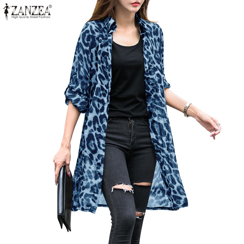 ZANZEA Women Sheer Mesh Long Sleeve Leopard Printed Casual Cardigan