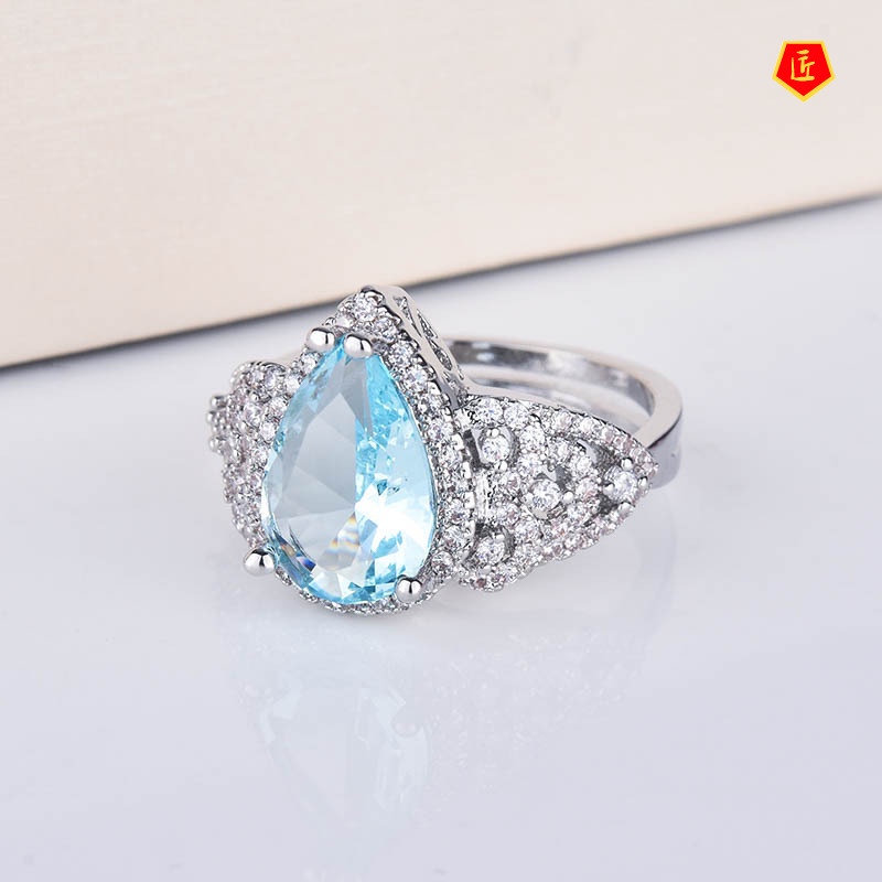 [Ready Stock]Micro-Inlaid Diamond Blue Gem Ring