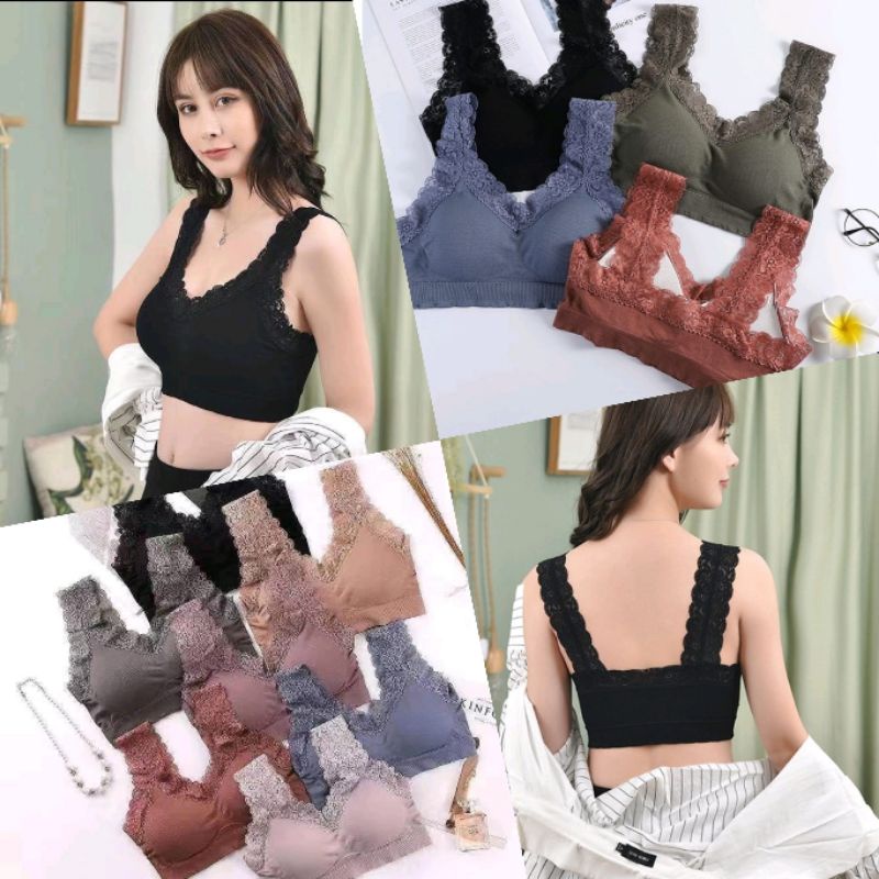 BRA SPORT V NECK WANITA IMPORT PAKAIAN DALAM MOTIF RENDA DENGAN BUSA