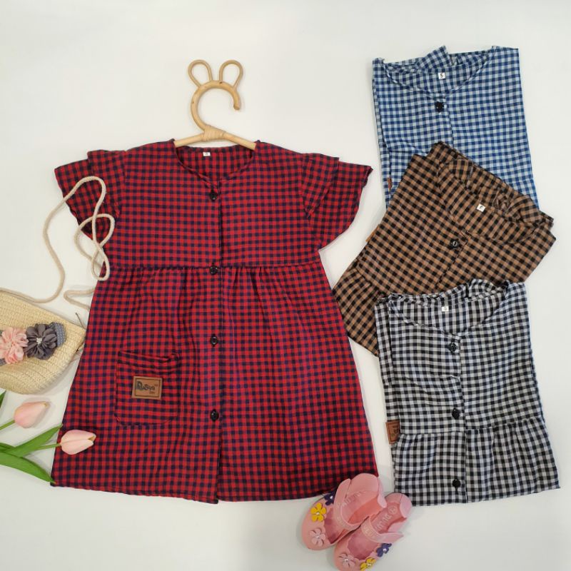 Dress Anak Kotak-Kotak Full kancing 3-5 Tahun Laurakidshop