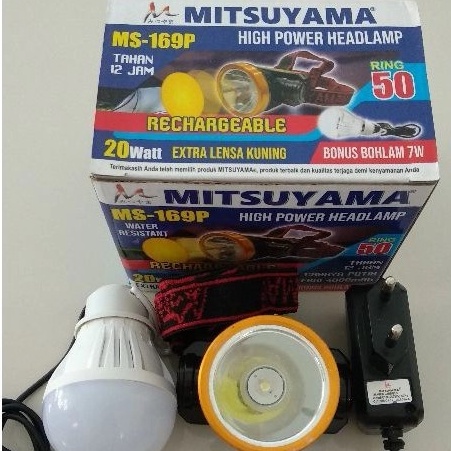 Senter Kepala/Headlamp Rechargeable Mitsuyama MS-169P 20W+Bohlam 7W Cahaya Terang