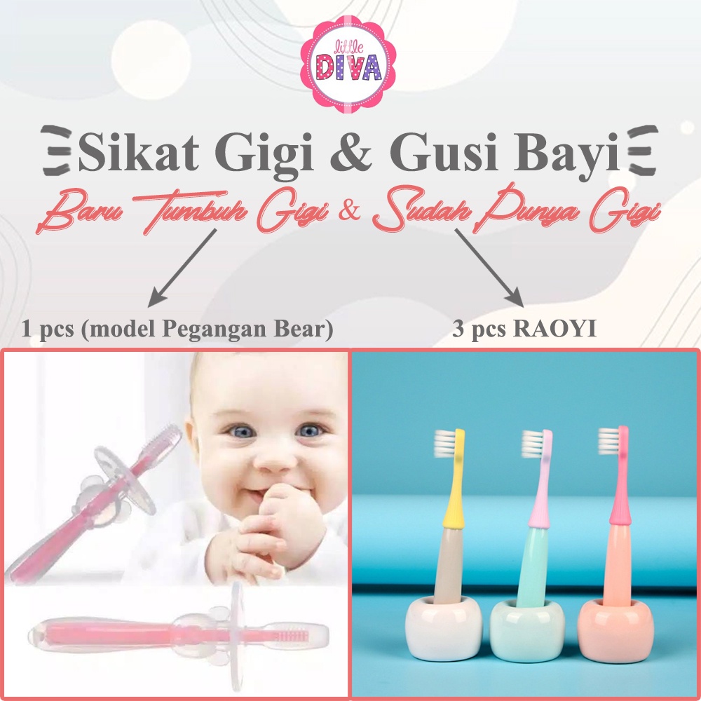 SIKAT GIGI Bayi Bulu Halus isi 3, sikat GUSI BAYI (Gagang motif kepala Bear), Sikat Gigi Type U, Sikat Gigi Mini Soft chn