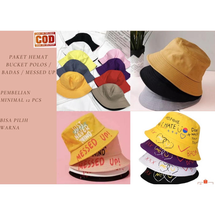 PAKET HEMAT KHUSUS RESELLER BUCKET HAT POLOS / BUCKET BADAS / BUCKET MESSED UP BOLAK BALIK