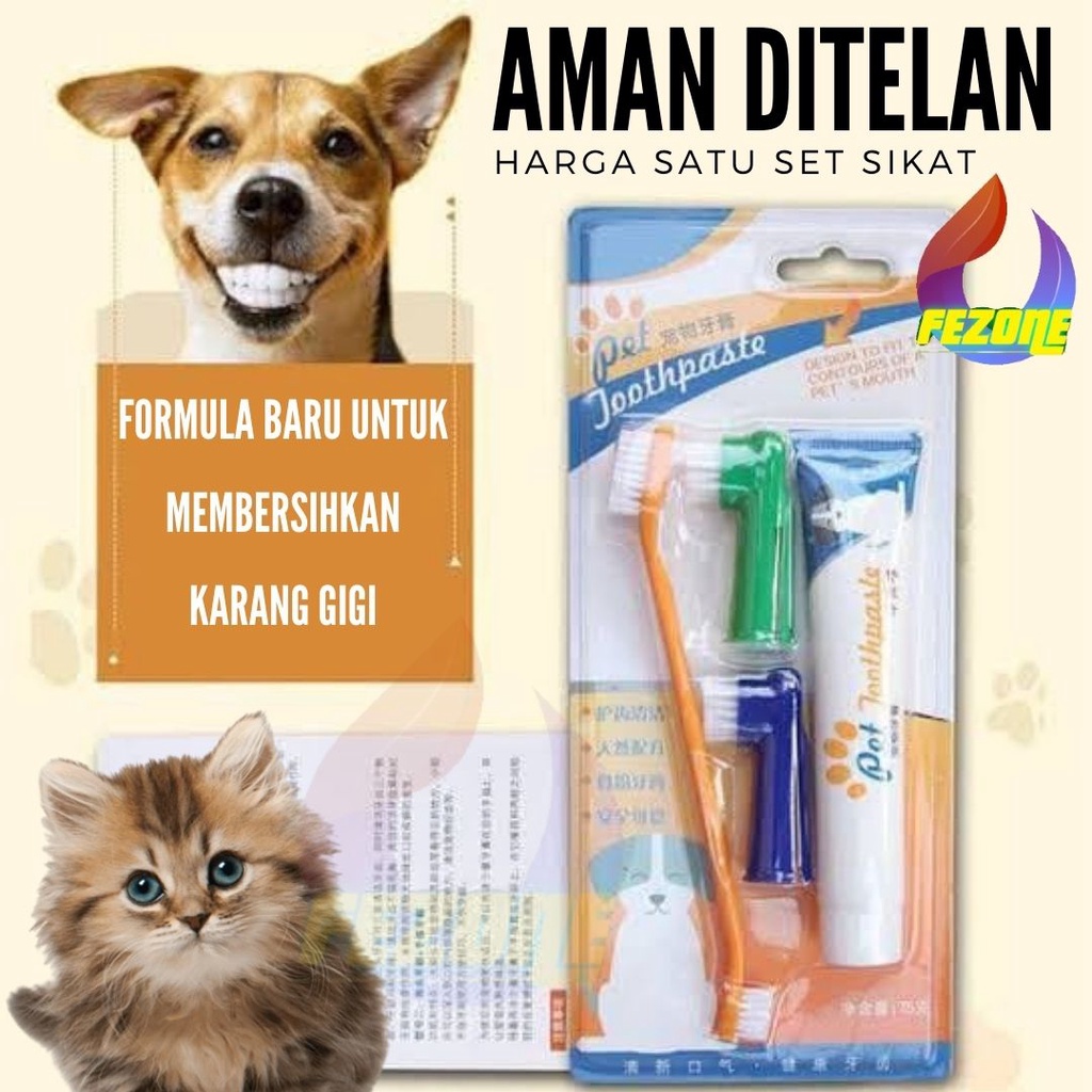 Pasta Gigi dan Sikat Gigi Hewan | Pet Toothbrush Toothpaste Odol | Pembersih Kucing Anjing SET 4 IN 1 FEZONE