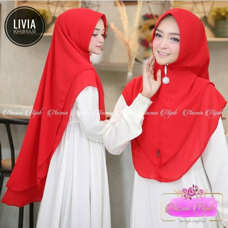 Hijab Terbaru Murah Jilbab Khimar Dua Layer Livia Khimar Ceruttti 2 Layer Hijab Instan Pet Antem