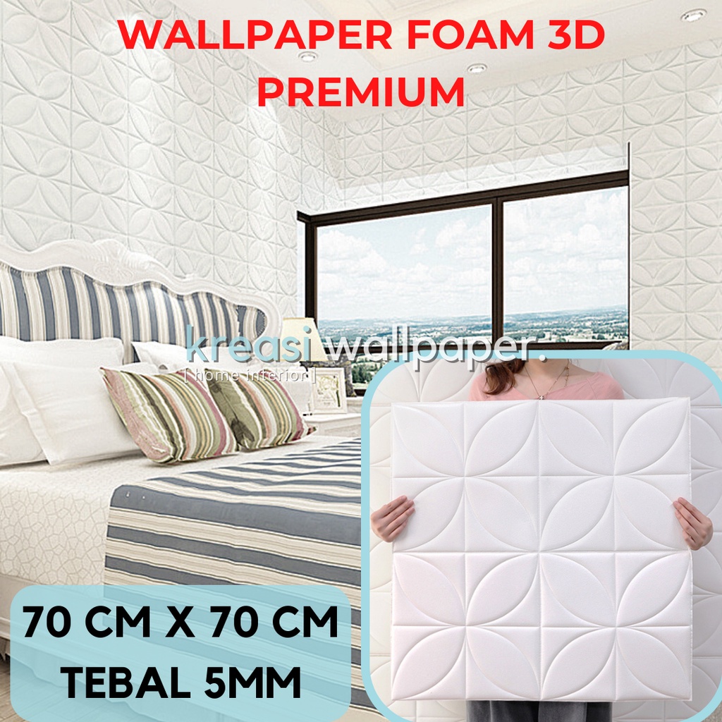 Wallpaper Dinding 3D Foam Sticker Panel Bunga Diamond Putih Minimalis Timbul | Wall Panel 3D-3