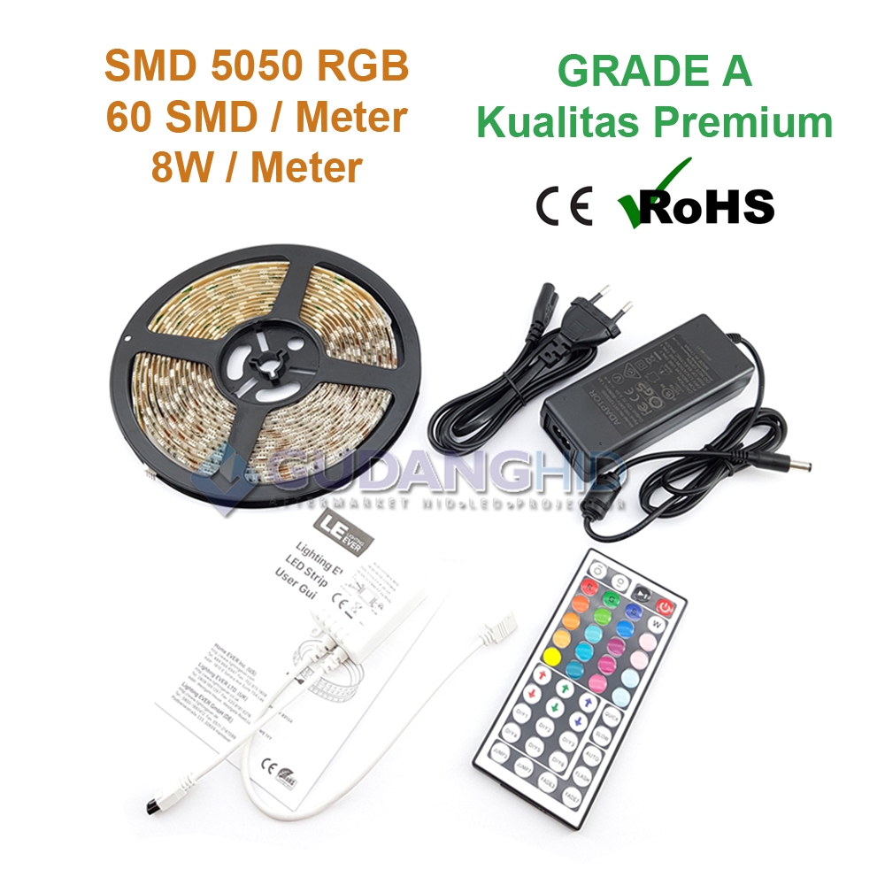 Lampu LED Strip RGB 5050 IP45 220V 12V 5M 40W IR Remote Module Premium CE ROHS