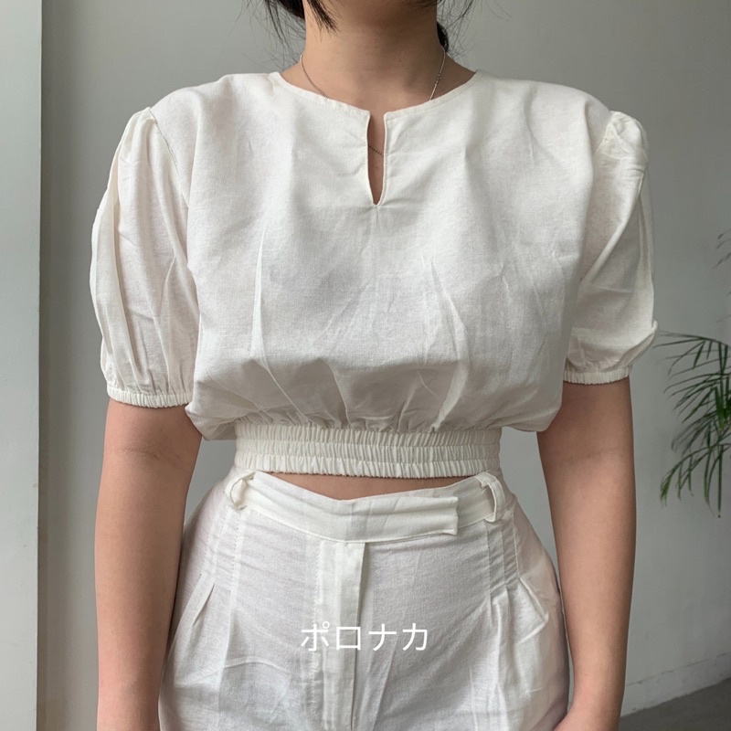 PORONAKA - SUKI Linen Crop Top with Puffy Sleeve