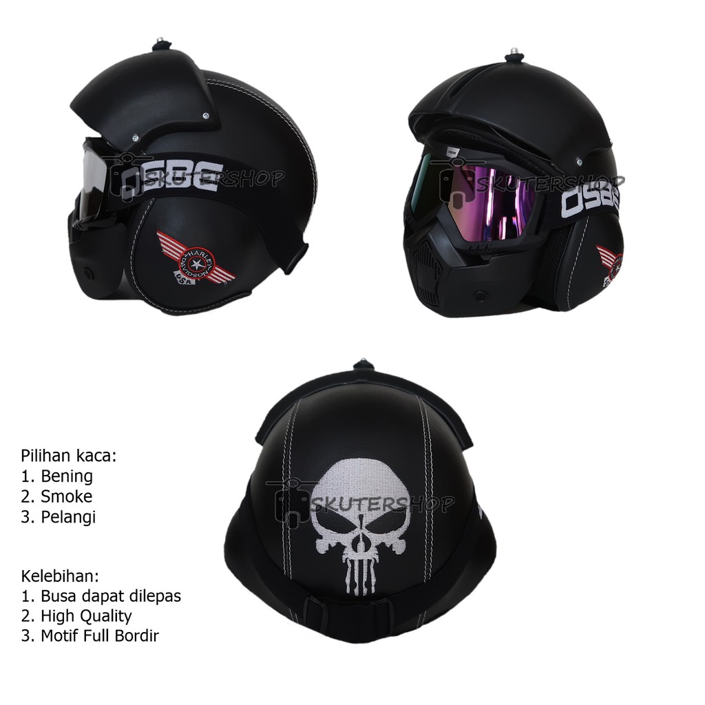 Helm Pilot Retro Kulit Klasik Motif Punisher and Harley Davidson swings with Goggle masker Osbe
