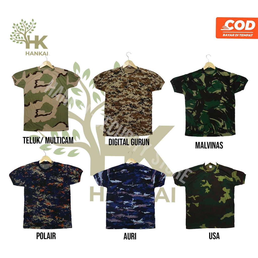 Kaos Lengan Pendek polos loreng -TNI AD -TNI AURI - POISI AIR - MALVINAS- USA - GURUN - TELUK/MULTIC