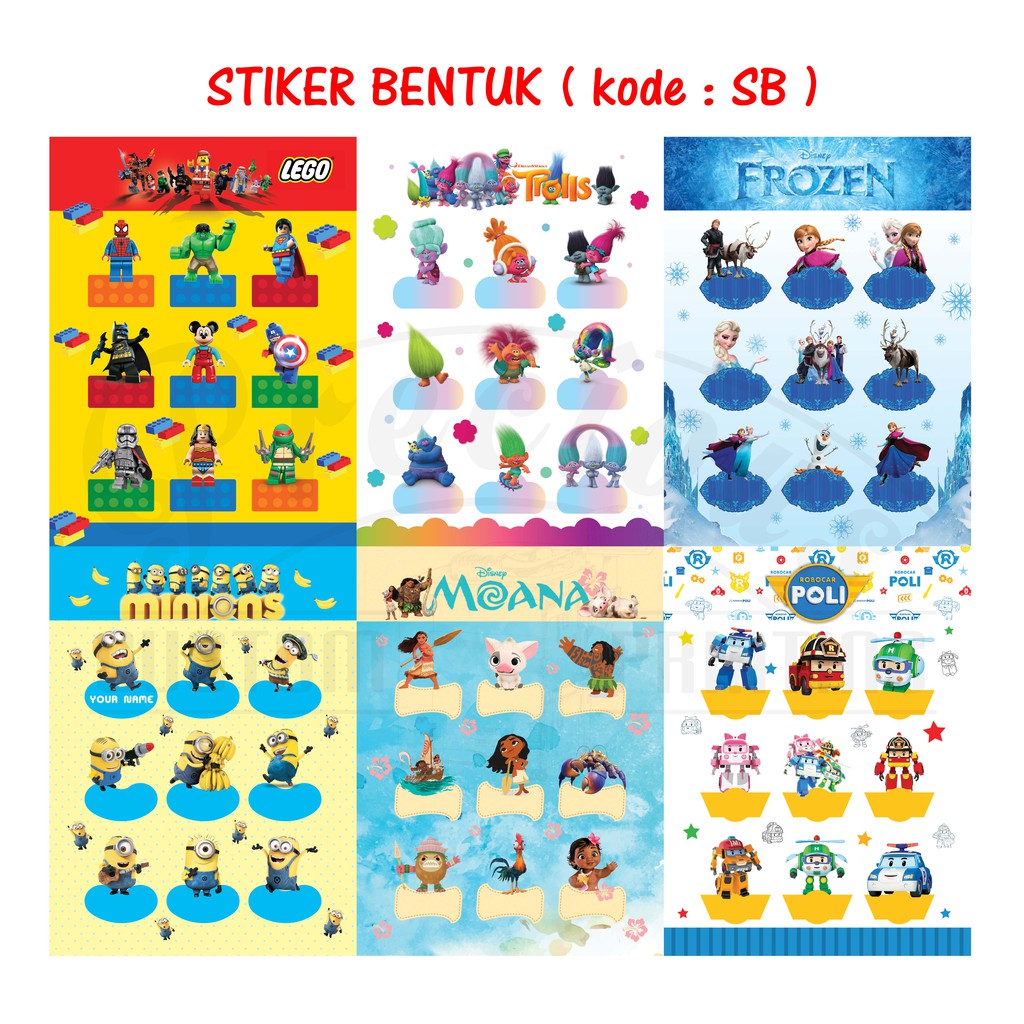 STIKER NAMA SB LEGO , TROLL , FROZEN , MINION , MOANA , ROBOCAR POLI