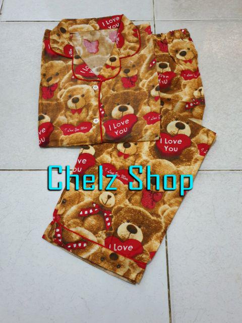 Baju Tidur Piyama Wanita/Cewek Pajamas Motif Dewasa Kekinian Karakter/Kotak Guillen-CP TEDDY LOVE