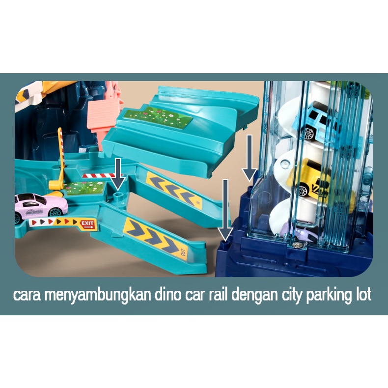 Dinosaur Rail Car Mainan Anak Mobil mobilan dino rail 4 mobil Lampu music Parking Lot Lion Mountain