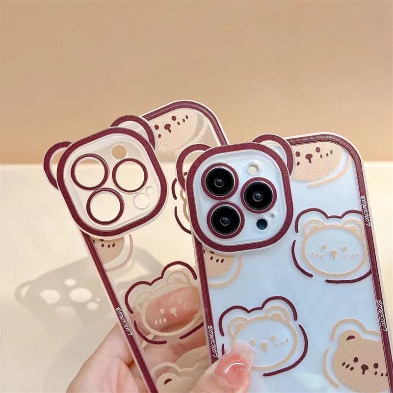 Soft Case Pelindung Lensa Bening Tahan Banting Anti Jatuh Motif Beruang Coklat Untuk iPhone 14 13 12 11 Pro Max X Xr Xs Max SE 8 7 6 6s Plus