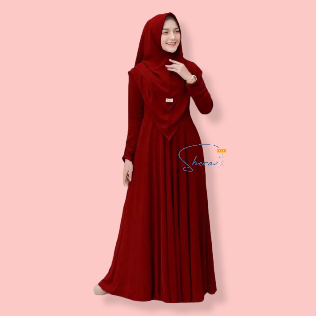 Gamis Set Hijab Jumbo Ld 120 130 140 Baju Gamis Dress Muslim Wanita Remaja Murah MAYRA SYARI + KHIMAR-Maroon