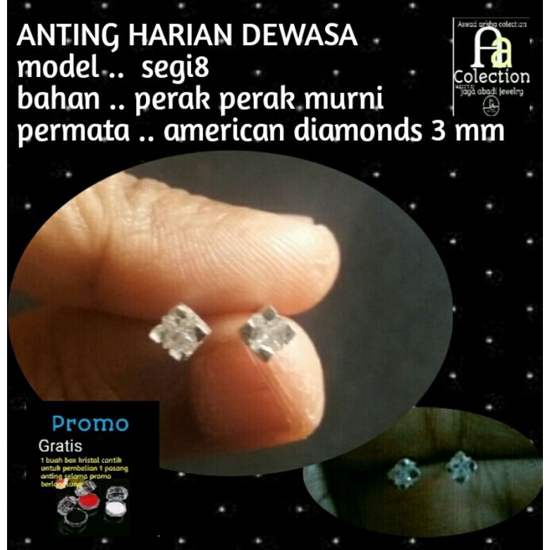 anting tusuk perak asli model berlian bintang segi delapan