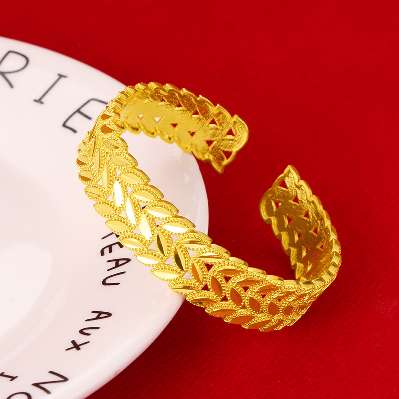 Gelang Model Terbuka Dapat Disesuaikan Desain Daun Gandum Hollow 24K Untuk Wanita