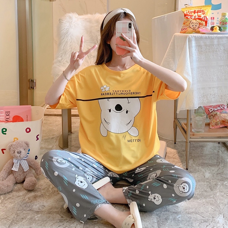 Setelan Piyama Lengan Pendek Baju Tidur Wanita Set Baju Tidur Wanita Dewasa Set Piyama Oversize-everyday pooh