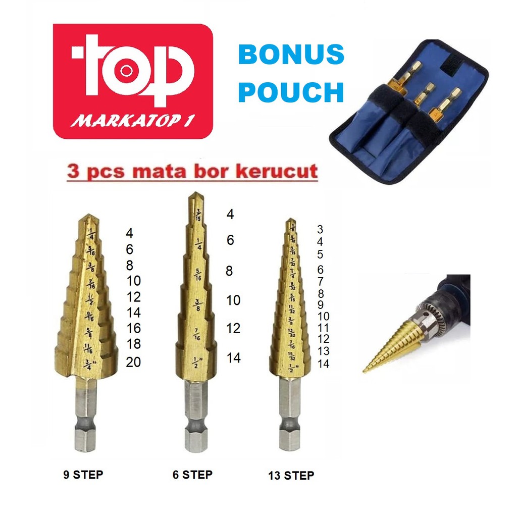 MATA BOR PAGODA HSS BOR KERUCUT STEP DRILL BOR SET TITANIUM BOR BESI KAYU MULTI STEP AA