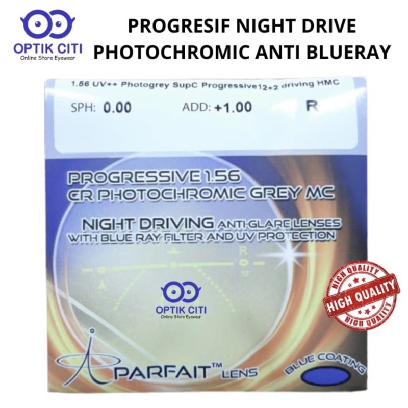 LENSA KACAMATA PROGRESIF PHOTOCHROMIC NIGHT DRIVING ANTI BLUERAY 1.56