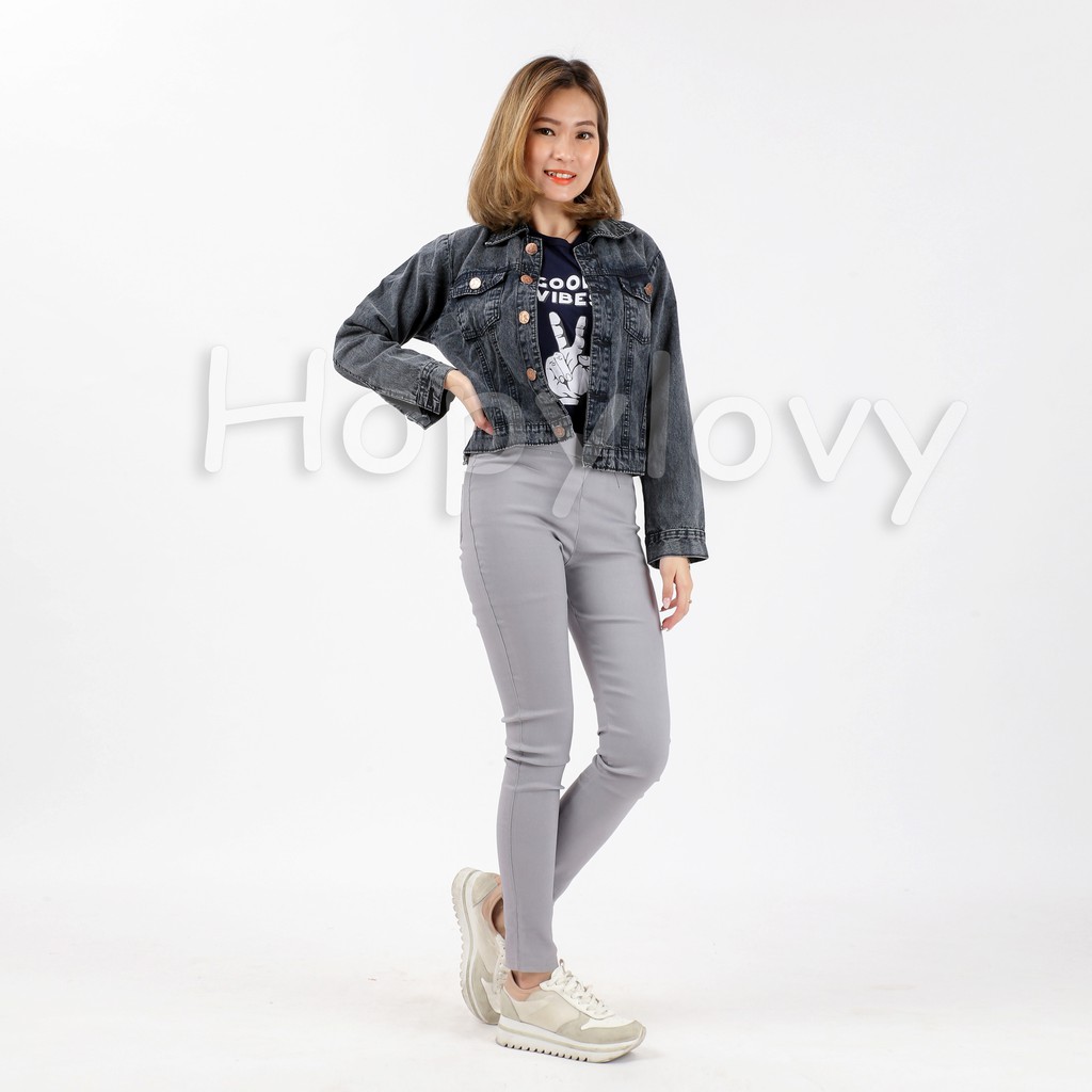 HOPYLOVY - Jaket Jeans Wanita Basic Snow Black Anastasia