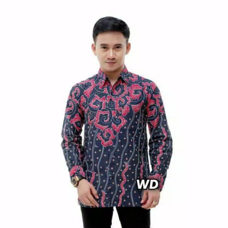 HEM KEMEJA ATASAN BATIK PRIA COWOK LENGAN PANJANG WARNA PINK KOMBINASI NAVY MERAH