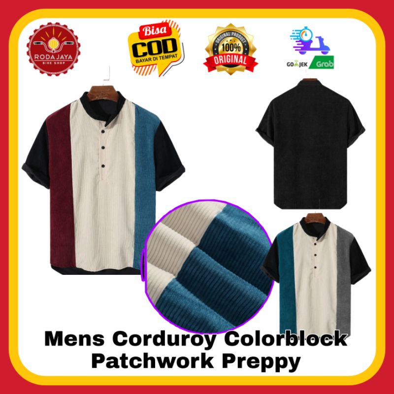 Kemeja Pria Corduroy Colorblock Patchwork Preppy Henley NEWCHIC