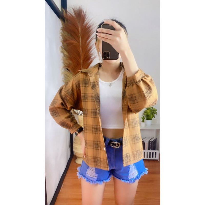 KEMEJA OVERSIZE WANITA  KEMEJA OSLIN CASUAL BLOUSE KOTAK KOTAK FLANEL WANITA BAHAN KATUN PREMIUM LENGAN PANJANG FULL KANCING KEKINIAN TERBARU KOREA KOREAN STYLE WANITA CEWEK TARTAN TWO TONE CROP TOP THRIFT  KEMEJA GUILEN LENGAN BALON SIZE L LD 90 Cm-8