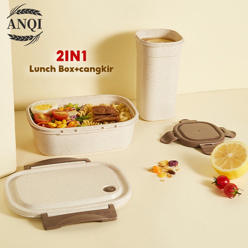 ANQI 1888 3 Pcs Set Kotak Makan Siang Bento Anti Tumpah Lunch Box Set Portable Free Cangkir VS-68