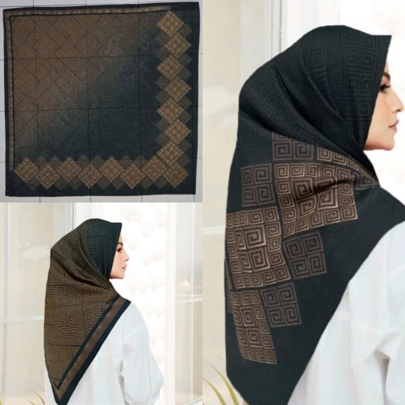 Terbaru  Hijab Voal Segiempat Motif Kubika Hitam Gold Kerudung Segiempat Motif Jilbab Voal