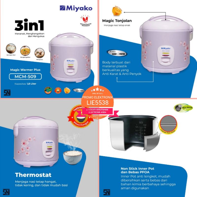 MIYAKO MCM-509 / MCM509 Rice Cooker 3in1 Magic Warmer Plus  (1,8 L) GARANSI RESMI