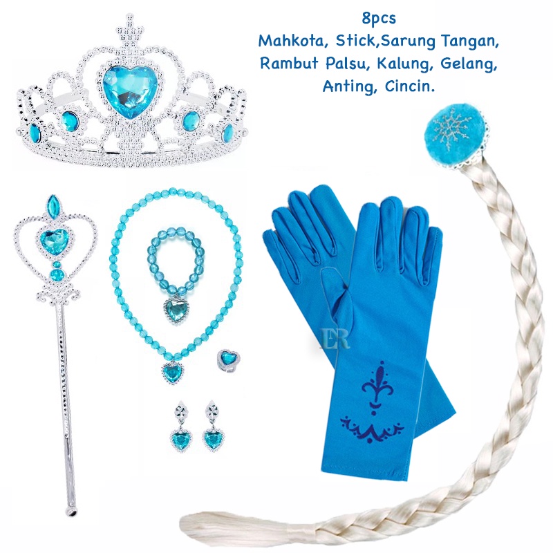 LNR Shop Free Tongkat Sihir + Mahkota Gaun Anak Perempuan Motif Frozen Elsa Lengan Pendek Dress Ulang Tahun Rok Tutu Princess Import Dua Layer Ana Frozen Aksesoris Set Perhiasan Mahkota Anting Gelang Kalung Cincin Sarung Tangan Salju Rambut Palsu