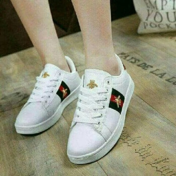 Promo SEPATU KETS WEBING GUCCI  SNEAKERS WB LEBAH TB 791 PUTIH Berkualitas