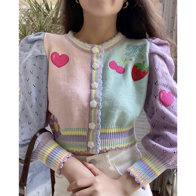 ready stock // fruity strawberry cherry knit pastel cardigan • kardigan wanita lucu rajut korea moti