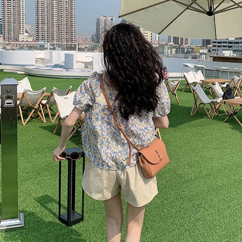 yikoo-Korea kemeja lengan pendek kerah persegi atasan floral wanita