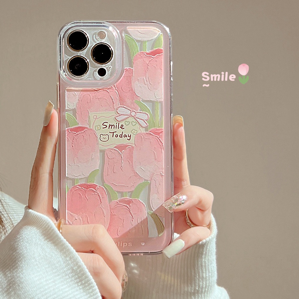 Case Pelindung Transparan Motif Bunga Tulip Pink Untuk Iphone 11 8 7 Plus SE2 XS XR 12 13 Mini PRO MAX