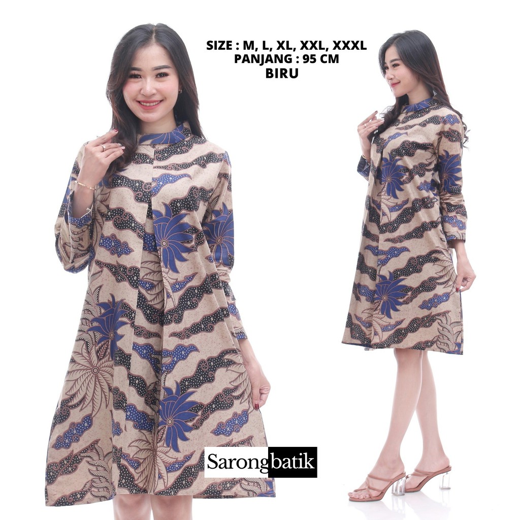 Atasan Dress Batik Wanita Kembang Galaran TB0024SB-BIRU