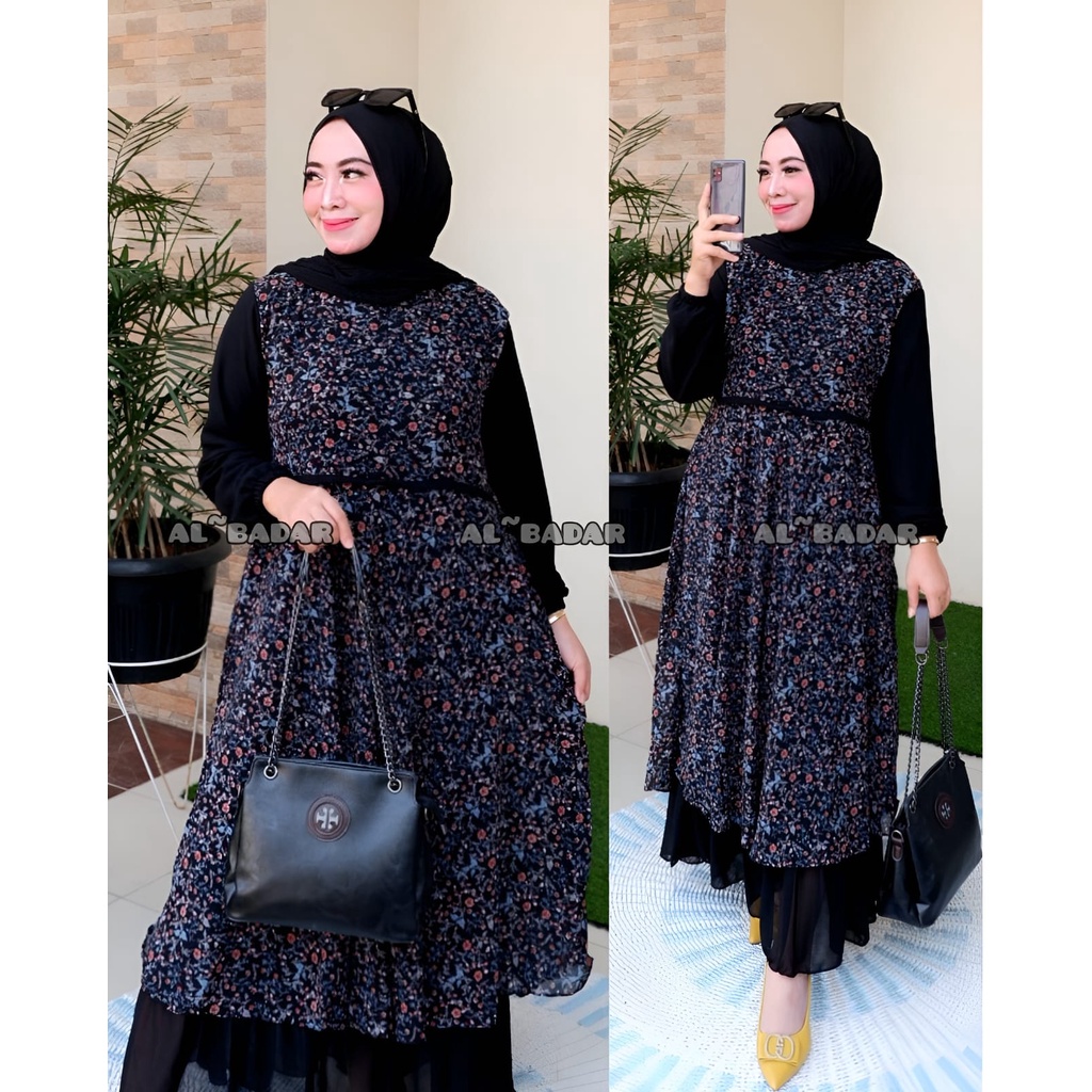 [ BISA COD] GAMIS CERUTY MOTIF KOMBINASI POLOS, DRESS CERUTY BABYDOLL MODEL TERBARU 2021 BY AL BADDAR