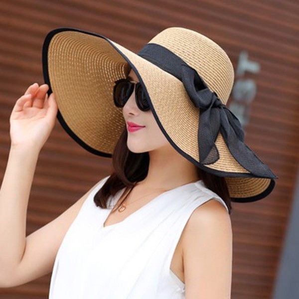 Topi pantai korea lebar anti panas straw hat summer hat pengehalang sinar UV matahari