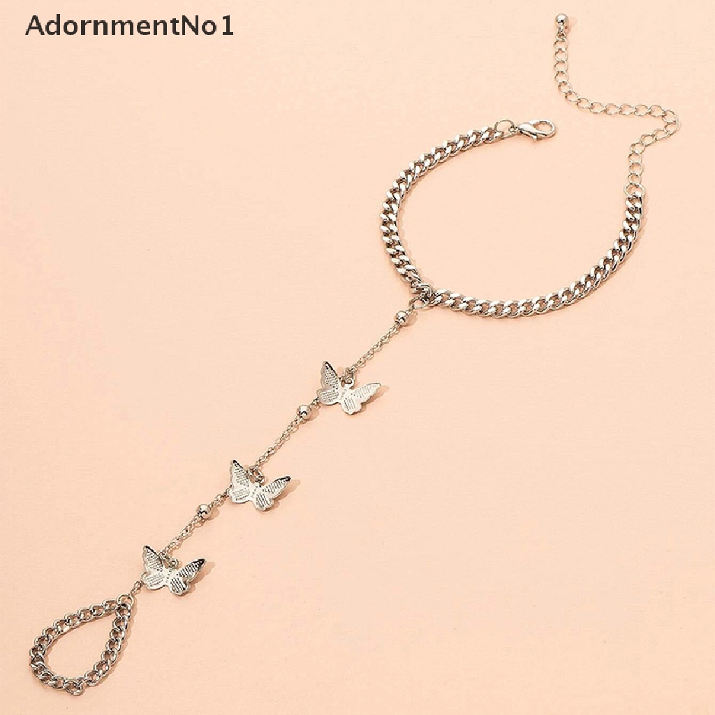 (AdornmentNo1) Gelang Tangan Rantai + Cincin Gaya Vintage Motif Kupu-Kupu Aksen Hollow Untuk Perhiasan Wanita Butterfly