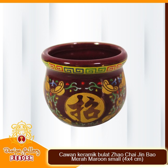 Cawan keramik bulat Zhao Chai Jin Bao merah maroon (4x4 cm)