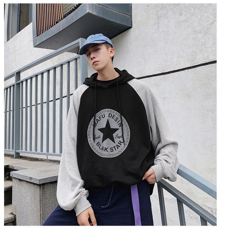 (S - 6XL) Hoodie RAGLAN MIX kombinasi 2 Warna BIGSIZE Jaket Jumper CONVERSE Streetwear Korean Harajuku Unisex OVERSIZE Two Tone Jaketin aja Hitam Grey Gray